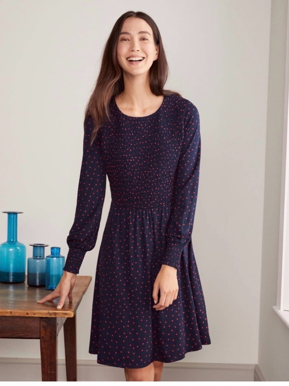 BODEN Lena Smocked Long Sleeve Mini Dress 12L